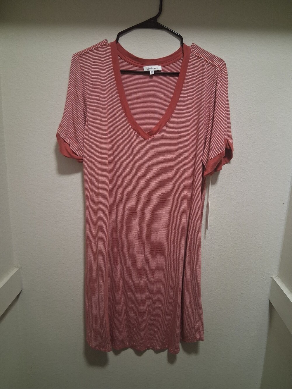 Another Love Striped V-Neck Tee Dress in Dusty Rose and White